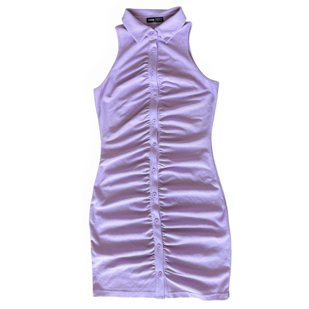 SHEIN Lavender Ruched Button Front Polo Collar Bodycon Mini Dress Women’s M NWOT
